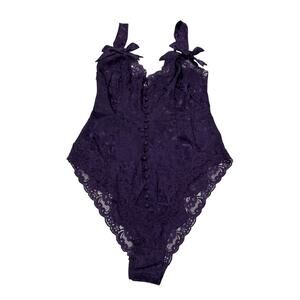 Vintage Victoria's Secret Womens Medium Purple Lace Sheer Bow Bodysuit Coquette